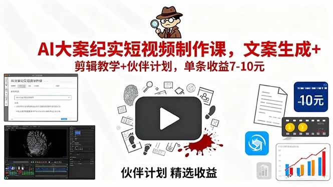 (15992期)AI大案纪实短视频制作课,文案生成+剪辑教学+伙伴计划,单条收益7-10元-168网创