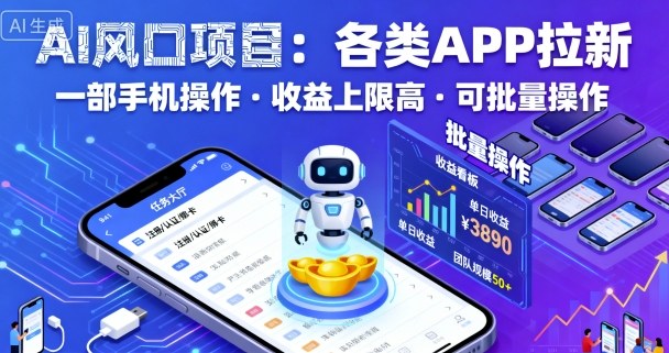 AI风口项目，各类APP拉新，一部手机就可以操作，收益上限高，可批量操作-168网创