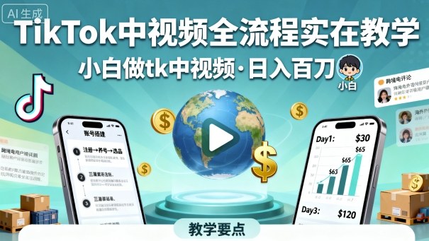 TikTok中视频全流程实操教学，小白做tk中视频，日入百刀-168网创