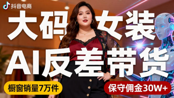 抖音小众赛道，大码女装AI反差带货，不用直播，每天6条作品，橱窗卖7万件，保守佣金30W+-168网创