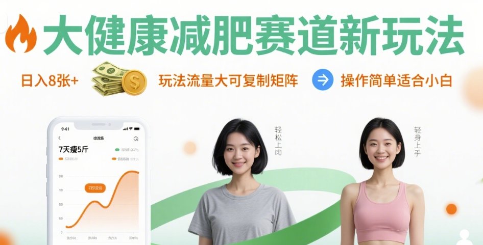 大健康减肥赛道新玩法日入8张，玩法流量大可复制矩阵，操作简单适合小白-168网创