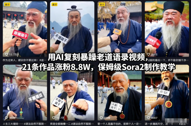 用AI复刻暴躁老道语录视频，21条作品涨粉8.8W，保姆级Sora2制作教学-168网创