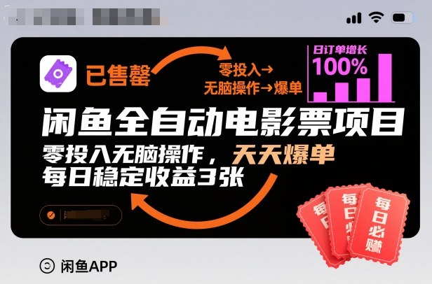 闲鱼全自动电影票项目，零投入无脑操作，天天爆单，每日稳定收益3张【揭秘】-168网创