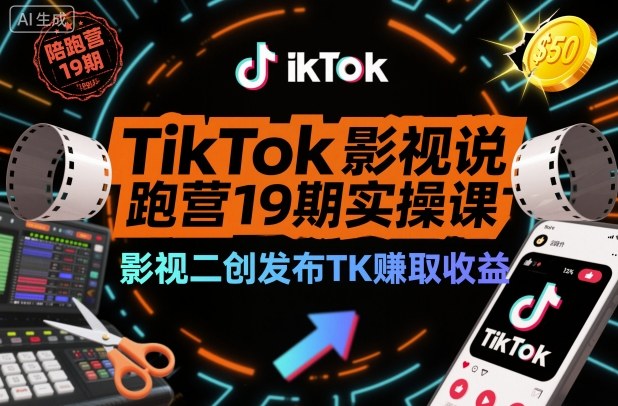 TikTok影视解说陪跑营19期实操课，影视二创发布TK賺取收益，万播收益50美金-168网创
