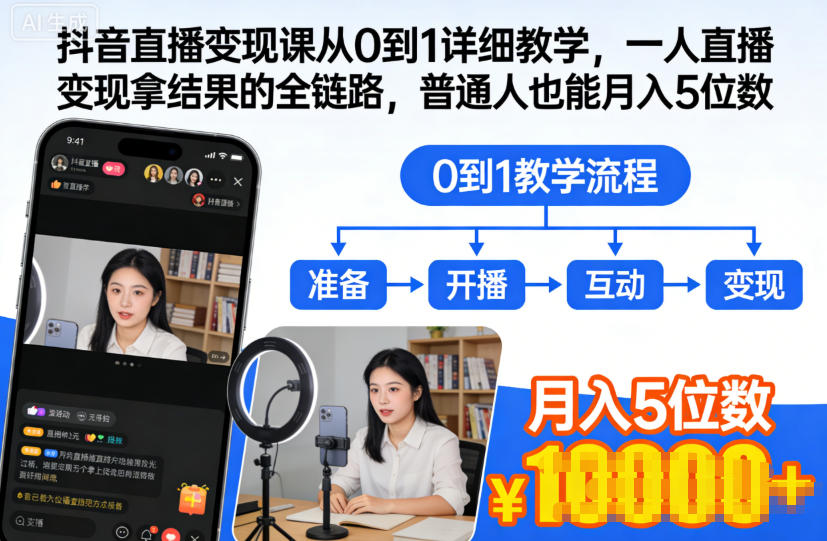 抖音直播变现课从0到1详细教学，一人直播变现拿结果的全链路，普通人也能月入5位数-168网创