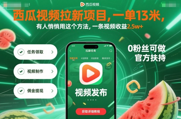 西瓜视频拉新项目，一单13米，有人悄悄用这个方法，一条视频收益2.5w+（附详细教程）-168网创