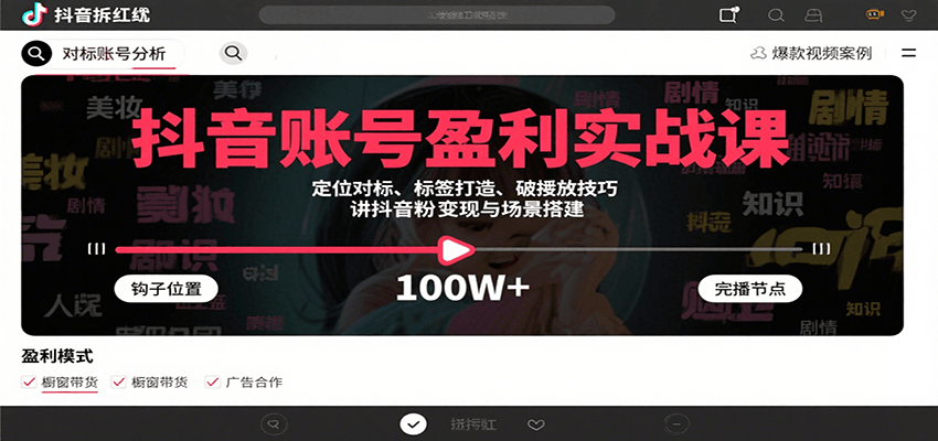 抖音账号盈利实战课，定位对标、标签打造、破播放技巧，讲涨粉变现与场景搭建-168网创