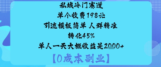 私域冷门赛道:单个收费198米引流模板简单人群精准转化45%单人一天大概收益是1k+-168网创