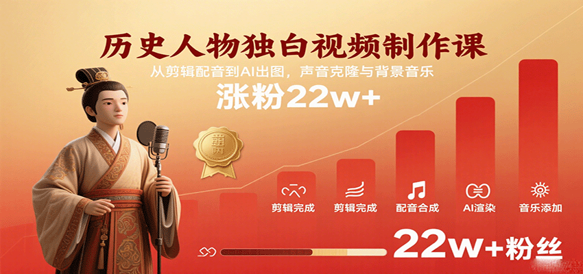 历史人物独白视频制作课,从剪辑配音到AI出图,声音克隆与背景音乐,涨粉22w+-168网创