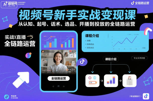 视频号新手实战变现课，从认知、起号、话术、选品、开播到投放的全链路运营-168网创