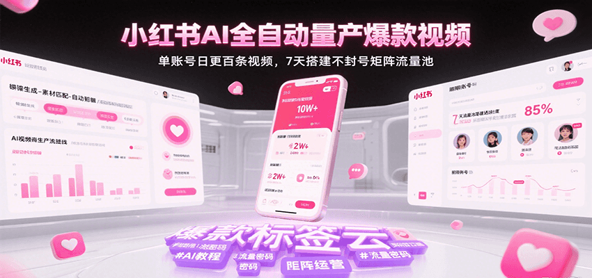 小红书AI全自动量产爆款视频，单账号日更百条视频，7天搭建不封号矩阵流量池（更新）-168网创