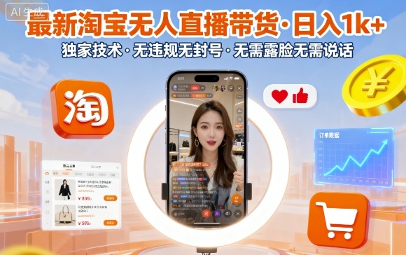 最新淘宝无人直播带货，日入1k+，独家技术，无违规无封号，无需露脸无需说话【揭秘】-168网创