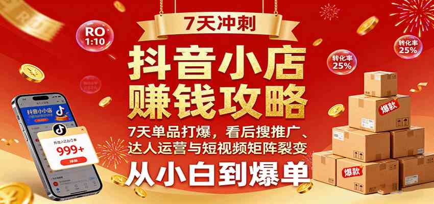 抖音小店赚钱攻略：7天单品打爆技巧，看后搜推广、达人运营与短视频矩阵裂变实战-168网创