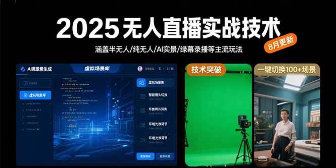 （15621期）2025无人直播实战技术-8月，涵盖半无人/纯无人/AI实景/绿幕录播等主流玩法-168网创