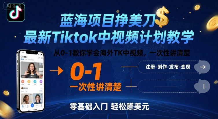 蓝海项目挣美刀，最新Tiktok中视频计划教学，从0-1教你学会海外TK中视频，一次性讲清楚-168网创