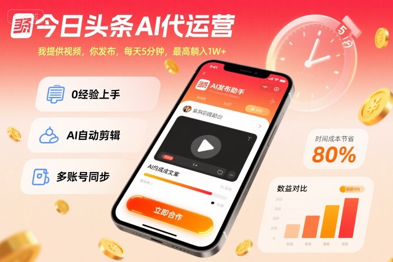 今日头条AI代运营，我提供视频，你发布，每天5分钟，最高躺入1W+【揭秘】-168网创