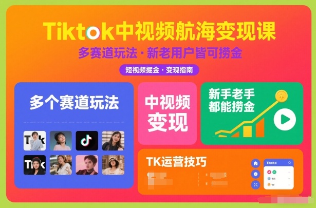 Tiktok中视频航海变现课，多个赛道玩法，新手老手都能在TK中视频捞金-168网创