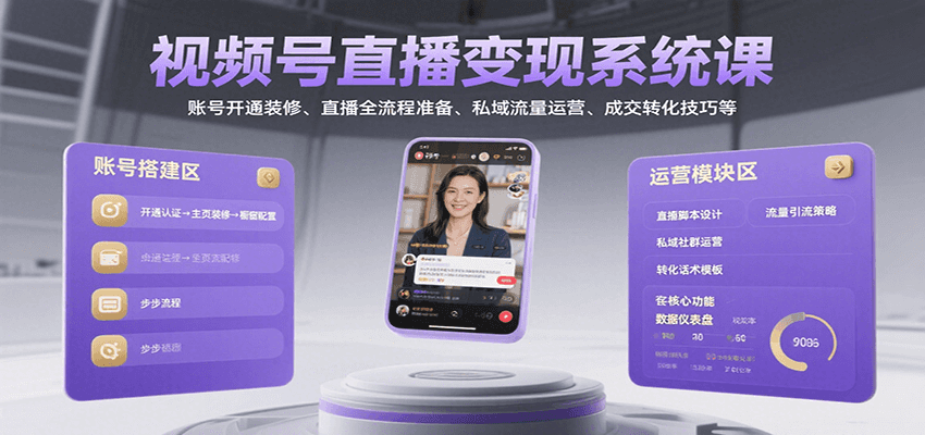 视频号直播变现系统课，账号开通装修、直播全流程准备、私域流量运营、成交转化技巧等-168网创