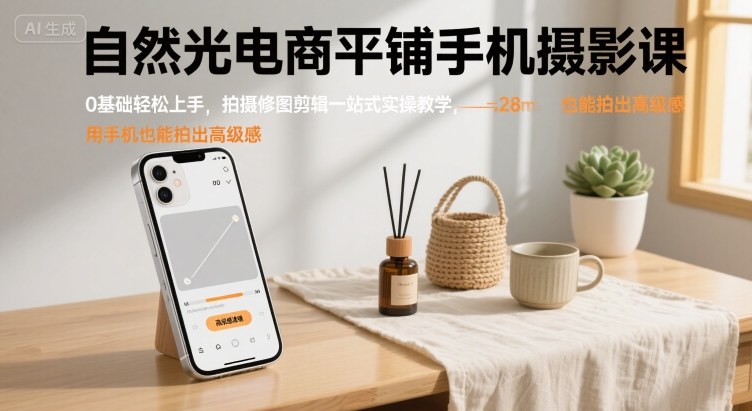 自然光电商平铺手机摄影课,0基础轻松上手,拍摄修图剪辑一站式实操教学,用手机也能拍出高级感-168网创