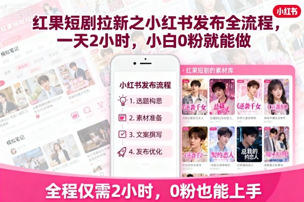红果短剧拉新之小红书发布全流程，一天2小时，小白0粉就能做-168网创