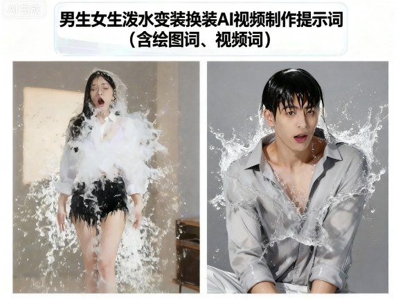 男生女生泼水变装换装AI视频制作提示词(含绘图词、视频词)-168网创