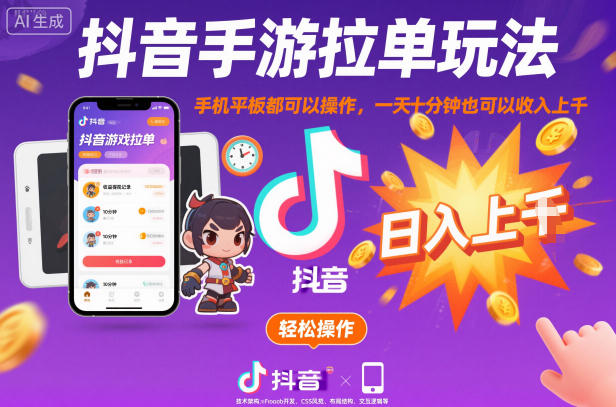 抖音手游拉单玩法,手机平板都可以操作,一天十分钟也可以收入上K【揭秘】-168网创