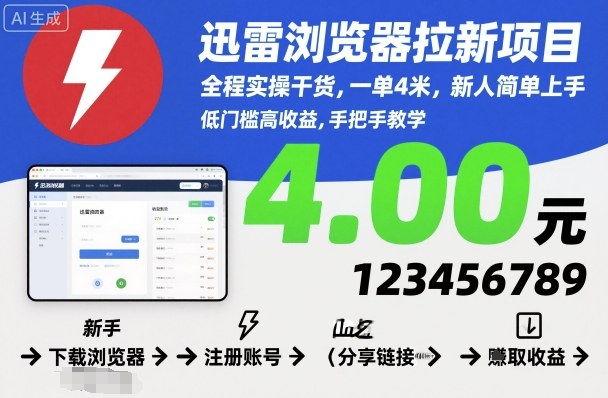 迅雷浏览器拉新项目，全程实操干货，一单4米，新人简单上手-168网创
