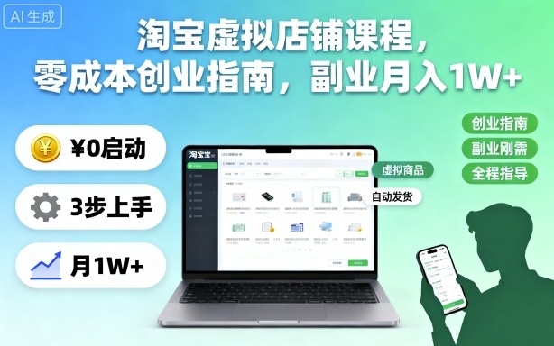 淘宝虚拟店铺课程,零成本创业指南,副业月入1W+-168网创