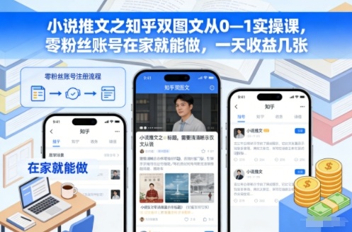 小说推文之知乎双图文从0—1实操课,零粉丝账号在家就能做,一天收益几张-168网创