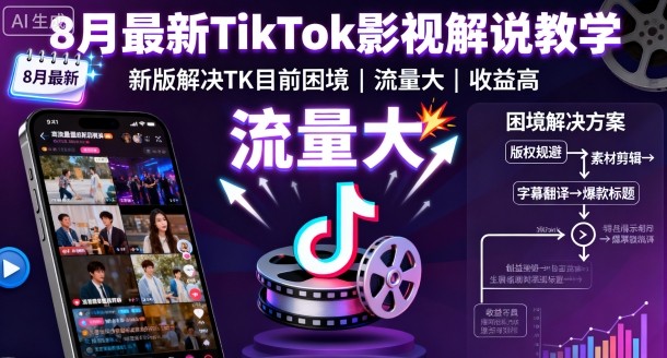 8月最新TikTok影视解说教学,新版解决TK目前困境,流量大,收益高-168网创