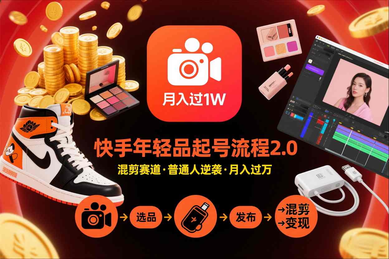 快手短视频带货年轻品起号流程2.0，快手年轻品混剪赛道，普通人也能月入过1W-168网创