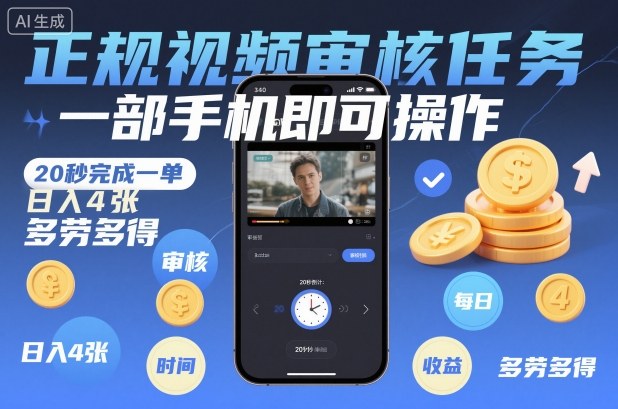 正规视频审核任务，一部手机即可操作，20秒完成一单，日入4张，多劳多得【揭秘】-168网创