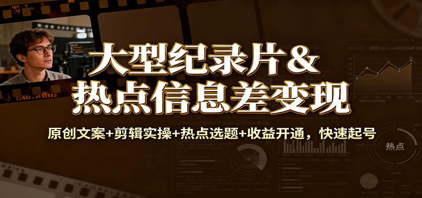 大型纪录片&热点信息差变现：原创文案+剪辑实操+热点选题+收益开通，快速起号-168网创