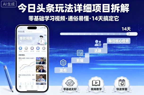 今日头条玩法详细项目拆解，零基础学习视频 通俗易懂 14天搞定它-168网创