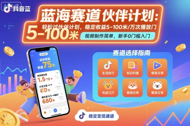 抖音蓝海赛道，轻松过伙伴计划，视频制作简单，万次播放收益在5-100米，稳定收益-168网创