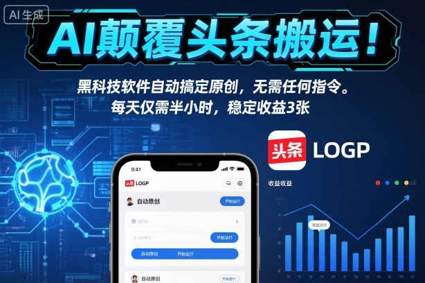 AI颠覆头条搬运！黑科技软件自动搞定原创，无需任何指令。每天仅需半小时，稳定收益3张【揭秘】-168网创