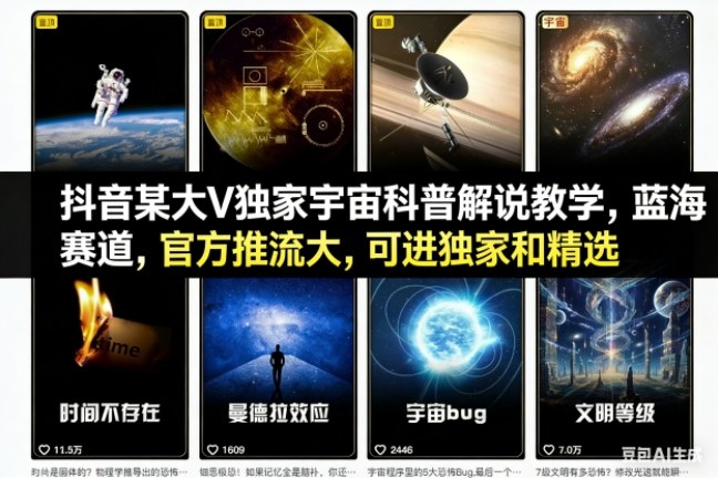 抖音某大V独家宇宙科普解说教学,蓝海赛道,官方推流大,可进独家和精选-168网创