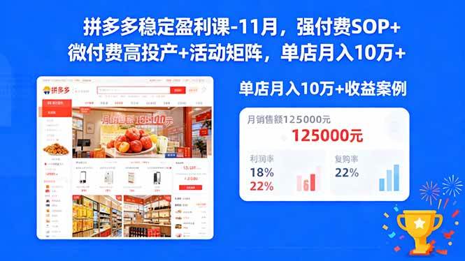 (16473期)拼多多稳定盈利课-11月,强付费SOP+微付费高投产+活动矩阵,单店月入10万+-168网创