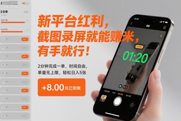 新平台红利,截图录屏就能賺米,有手就行!2分钟完成一单,时间自由,单量无上限,轻松日入5张【揭秘】-168网创