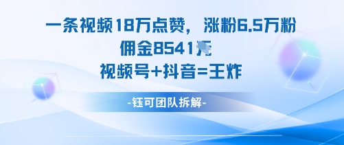 一条视频18W点赞,涨粉6.5W粉佣金8541米,视频号+抖音=王炸-168网创