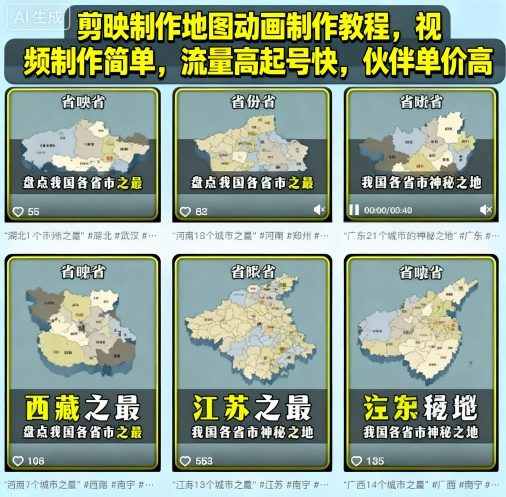 剪映制作地图动画制作教程，视频制作简单，流量高起号快，伙伴单价高-168网创